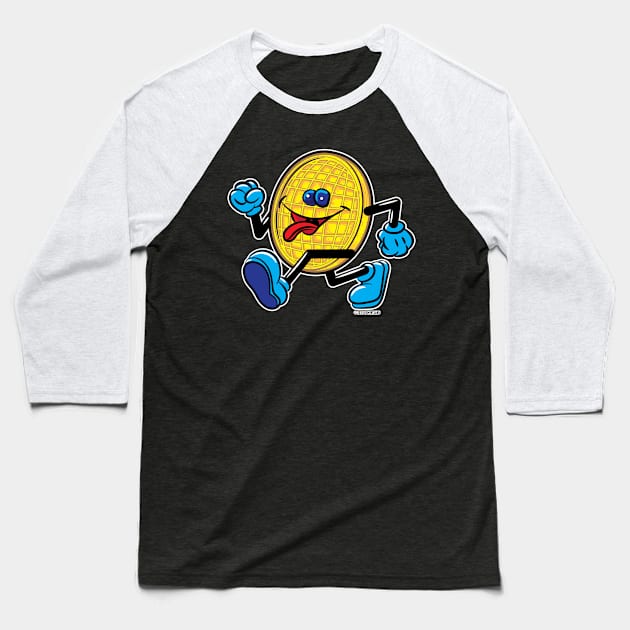 Happy Smiling Waffle Mascot strutting with Blueberries Baseball T-Shirt by eShirtLabs